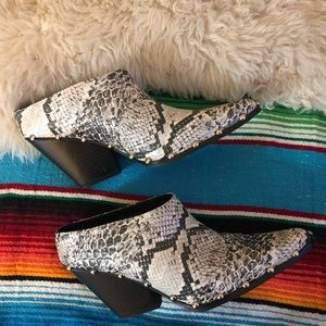 Studded faux snake skin booties/mules